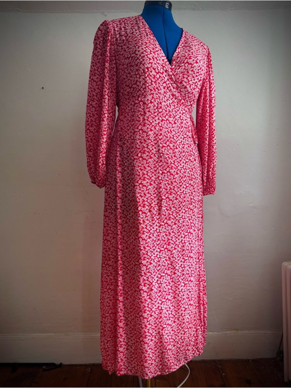 Glamorous Bloom Red Small Floral Wrap-Style Midi Dress